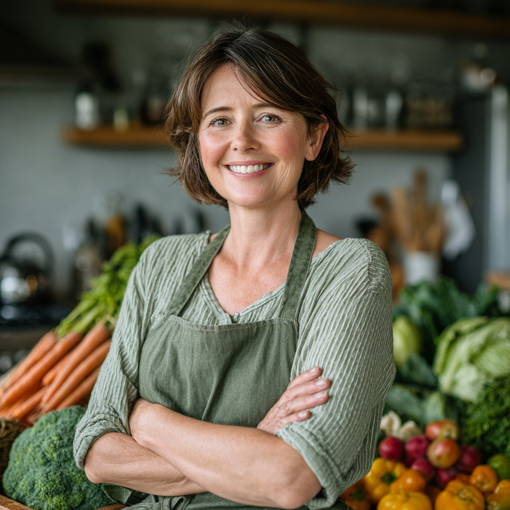 Confident middle-aged woman in her late 40s with short brown hair, wearing a light green apron, standing in a modern bright kitchen with fresh vegetables and fruits on the counter, smiling warmly while preparing a healthy meal, natural lighting, professional food photography style