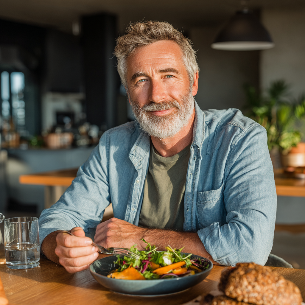 Smiling middle-aged man in his early 50s with gray beard, wearing a casual light blue shirt, sitting at a modern wooden table with a colorful healthy salad and whole grain bread, holding a fork, bright natural lighting, lifestyle photography, relaxed atmosphere